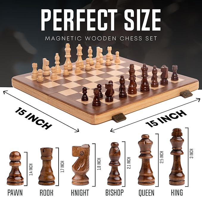 15 Inch Magnetic Wooden Chess Set for Adults & Kids - Folding Travel Chess Board with Handcrafted Staunton Pieces, Extra Queens, and Storage Slots