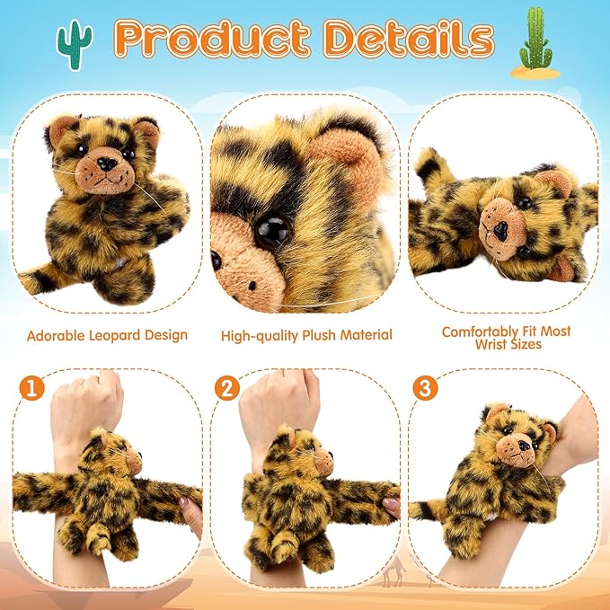 HyDren 4 Pcs Stuffed Animal Slap Bracelets for Kids,8 Inch Plush Snow Leopard Hamster Hugger Slap Bracelets Bulk Toy Hug Snap Wristbands for Girls Boys Birthday Gifts Party Favors(Snow Leopard)
