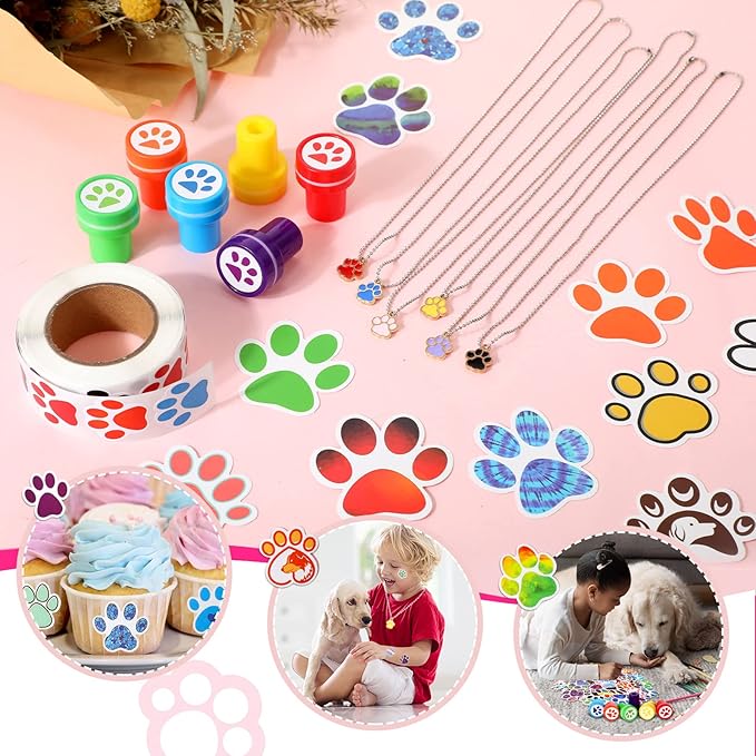 Gejoy 178 Pcs Dog Paw Party Favors Set Includes Paw Straws Cups Silicone Bracelet Keychain Stamper Sticker Pendant Chain Thank You Tag for Boy Girl Dog Theme Party Supplies(Paw)
