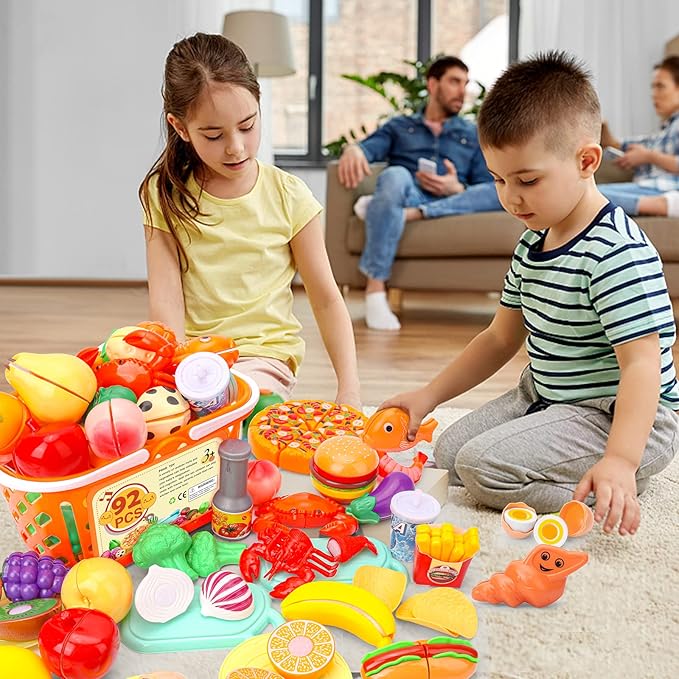 92PCS Cutting Play Food Toy for Kids Kitchen,Play Kitchen Food with Vegetables & Fruit Shopping Basket,Kids Kitchen Accessories set,Kitchen Toys,Food Toys Best Birthday Gift,Play Food for Toddlers 1-3