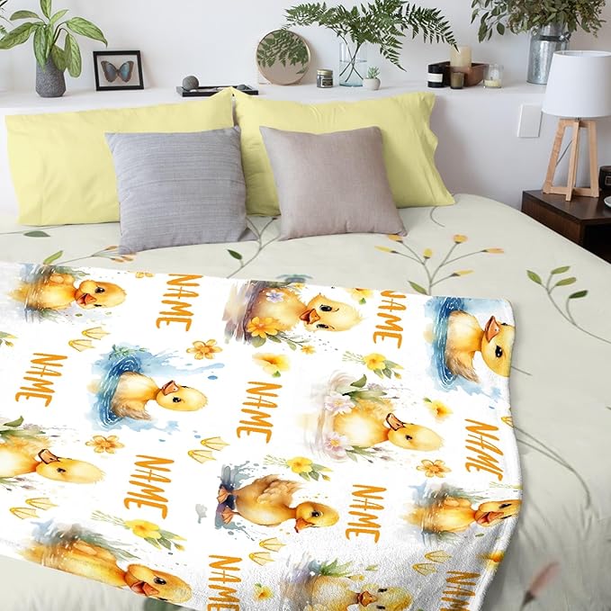 Aparajita Custom Name Flower and Ducks Adult Duck Blanket Kids Funny Blanket Suitable for Bedroom Bed Sofa Crib Couch Chair Outdoor All Season Items That Yellow Duck Lovers Will Love 60"x50"for Teens