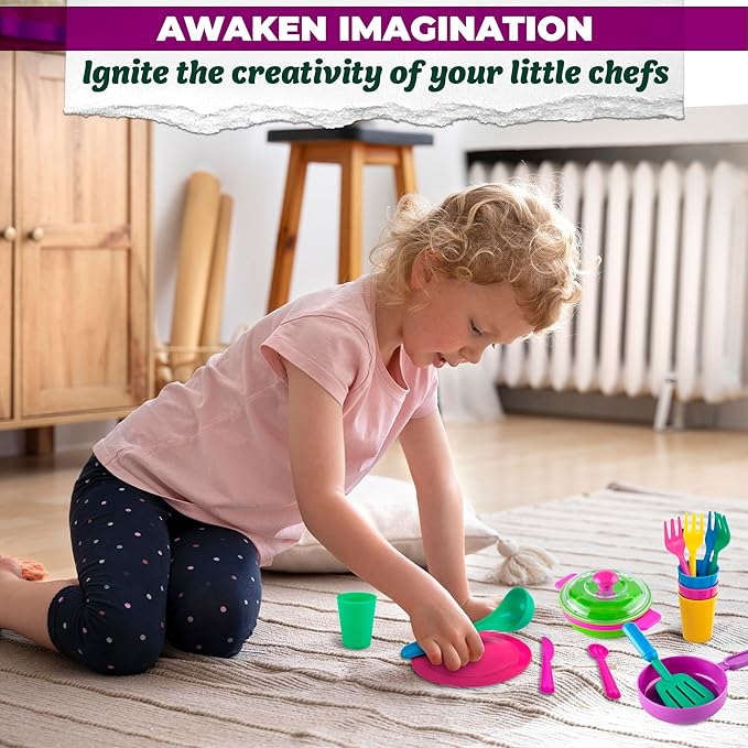 Kids Play Dishes for Kids Kitchen Playset Accessories - 27Pcs Kitchen Toy Dishes for Kids Kitchen Accessories Kids Play Plates and Bowls Sets - Kids Dishes Playset for Outdoor Play Kitchen Accessories