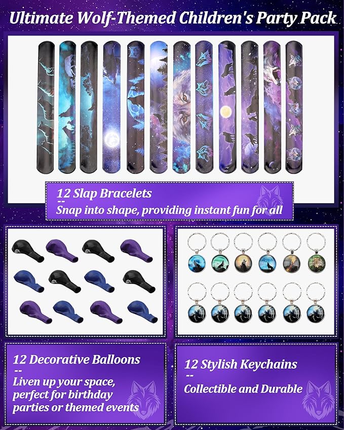 98 pcs Halloween Wolf Party Favors For Kids -Wolf Birthday Party Favors with Wolf Storage Bag Balloons Keychains Clapping Wristbands and Wolf Stickers for Wolf Party Decorations and Halloween