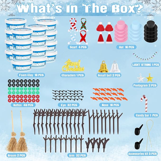 16 Pack Snowman Kit, Build a Snowman Craft Kit for Kids, Christmas Craft Creative Air Dry Clay Modeling Dough Crafts, Enhance Creativity Gifts Christmas Winter School Xmas Creative Supplies Decoration