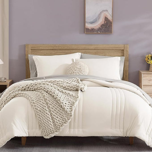 Monbix Full Comforter Set - 7 Pieces White Bed in a Bag Full Size Bedding Sets with Comforters, All Seasons Comforter with Sheets,Pillowcases & Shams