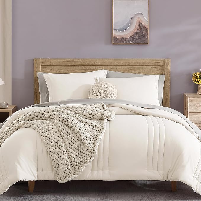 Monbix Queen Comforter Set - 7 Pieces Snow White Bed in a Bag Queen Bedding Sets with Comforters, All Seasons Comforter Bed Set with Sheets, Pillowcases & Shams