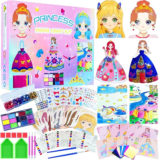 FJBICODA 30 Paper Craft Activities Kits, Arts & Crafts Gifts for Girls Age 5-12, Princess Makeup Play on Paper, Dress Up Game, Foil Fun & Diamond Art, Creative Toy for 5 6 7 8 9 10 11 12 Year Old Kid