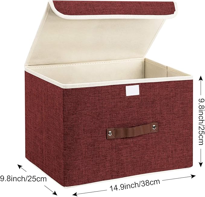 TYEERS Collapsible Storage Boxes, Washable Fabric Storage Bins with Lids, 14.9x9.8x9.8 inches, 2 Pack, Red Wine