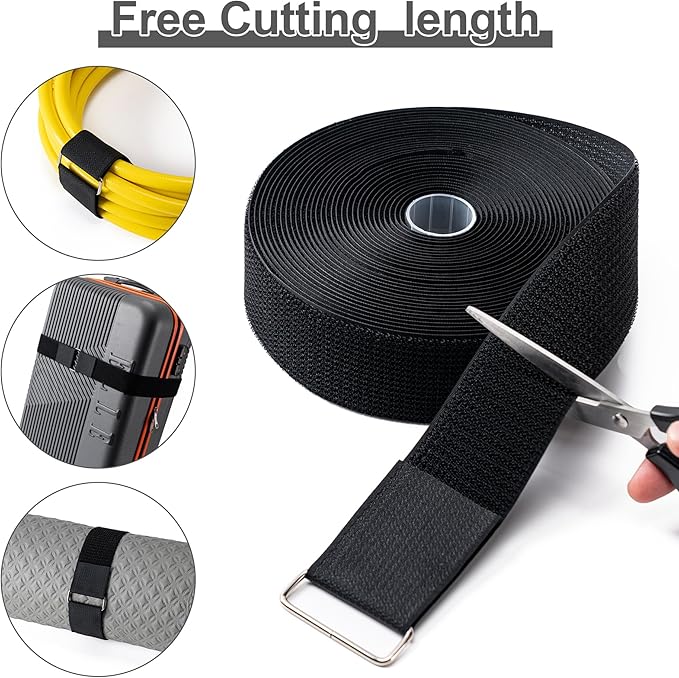 2" x16Ft Hook and Loop Straps Cinch Straps Heavy Duty with 12 Metal Buckles, Adjustable Fastening Cable Straps, Free Cut Length, Reusable Nylon Cable Ties for Organizer or Storage, 2 inch Wide Black