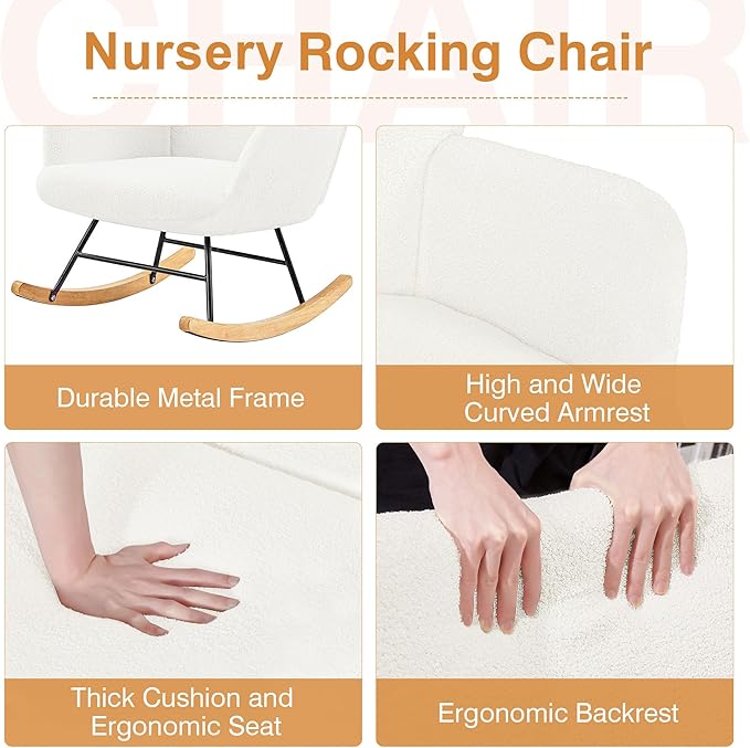 VECELO Nursery Rocking Chair Teddy Upholstered Modern Glider Rocker Padded with High Backrest Armchair Comfy Side Pocket for Living Room Bedroom Balcony Offices, White
