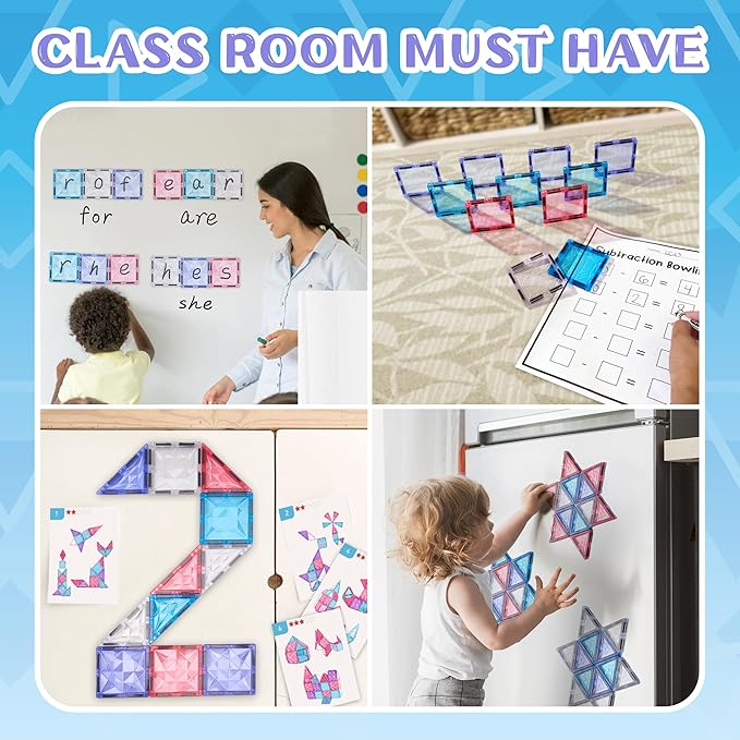 Magnetic Tiles Set, Frozen Magnet Building Blocks with Car Animal Models and Stickers, Construction Educational STEM Sensory Toys Gifts for for 3 4 5 6 7 8 + Year Old Kids Toddlers Boys Girls