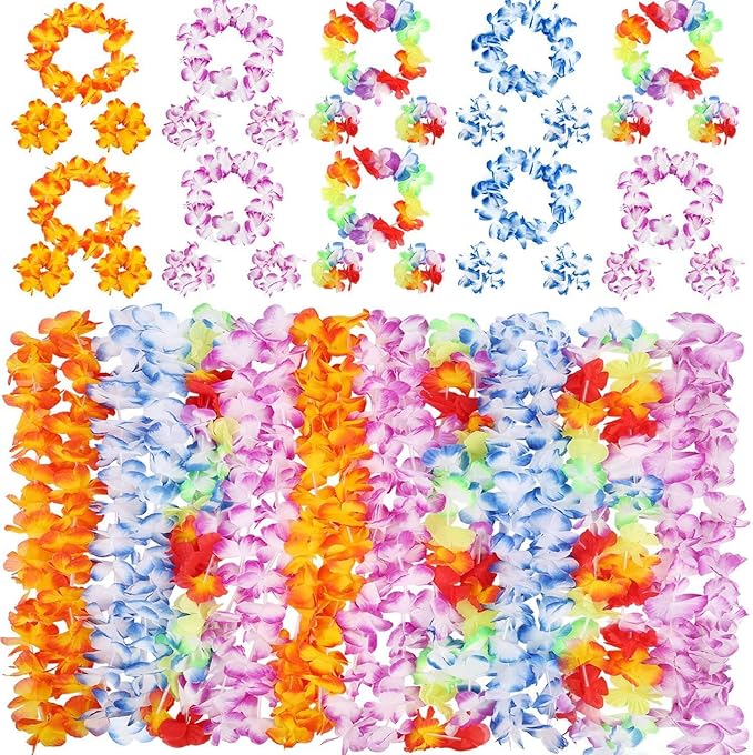 INNOCHEER 40 Pcs Hawaiian Leis, Luau Party Supplies of Elastic Flowers Necklaces, Headbands and Wristbands - Tropical Hawaiian Decorations, Beach Party Decorations, Birthday Party Favors