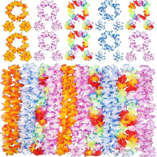INNOCHEER 40 Pcs Hawaiian Leis, Luau Party Supplies of Elastic Flowers Necklaces, Headbands and Wristbands - Tropical Hawaiian Decorations, Beach Party Decorations, Birthday Party Favors
