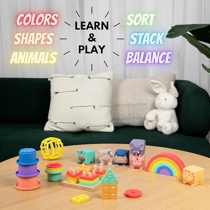Mac & Friends 5-in-1 Montessori Toy Set Designed by Parents | Great Gift for Baby Shower, New Sibling or Birthday Party | Educational Soft Sensory Toys for 0 Months to 3+ Years