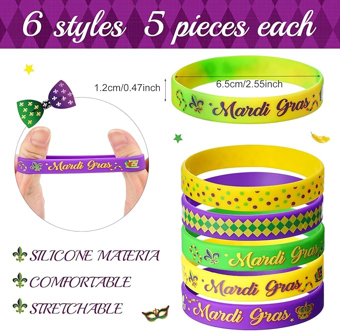 60 Pcs Mardi Gras Party Favors Includes 30 Mardi Gras Rubber Bracelets Silicone Wristbands and 30 Button Pins Badges for Carnival Birthday Party Supplies Decorations Goodie Bag Stuffers Fillers
