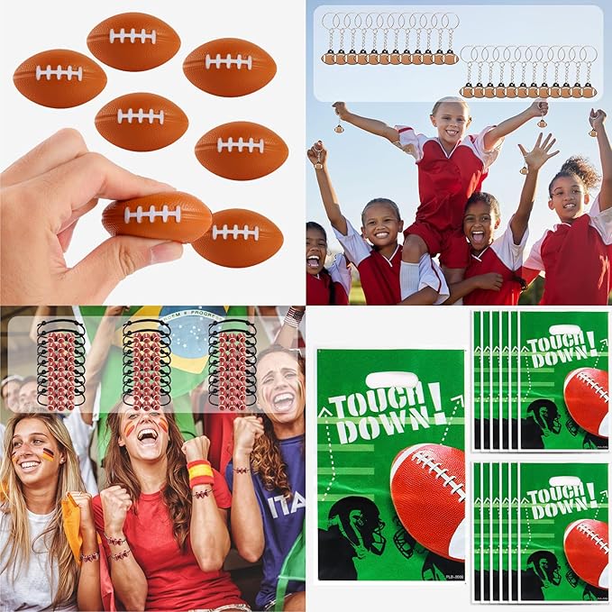 Kolewo4ever 295 Pieces Football Party Favors Football Themed Birthday Gift Goodie Bags Party Faovrs 24 Set Mini Foam Stress Balls,Slap Bracelet, Keychain, Charm Bracelets