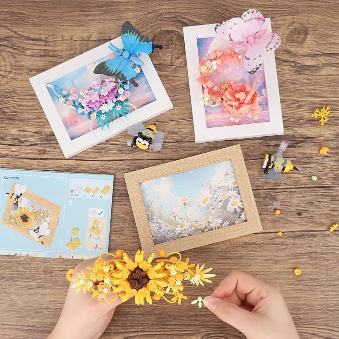 QLT QIAOLETONG Butterfly Insects Flowers Photo Frame Micro Mini Bricks Building Set, Botanical Collection Wall Art Home Office Decor, Ideas Gift Building Toy for Boys Girls Adults（P2277）