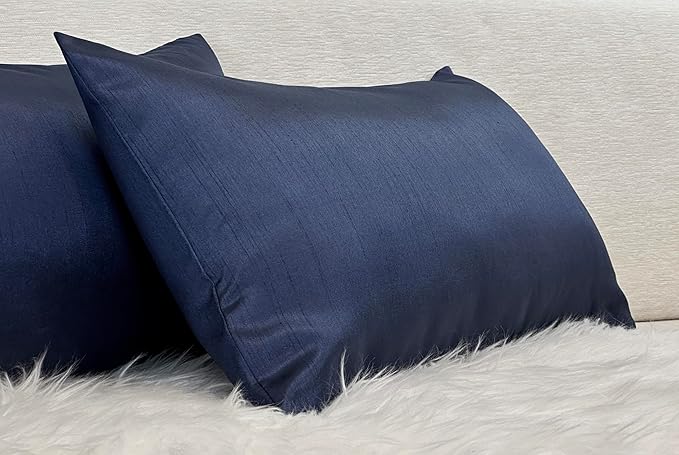 Aiking Home 12x24 Inches Faux Silk Rectangular Throw Pillow Cover, Zipper Closure, Navy (Set of 2)