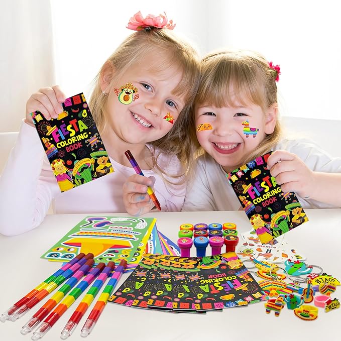 72 Pieces Mexican Party Favors Coloring Books with Crayons Set,Fiesta Party Pinatas Goodie Bag Fillers, Cinco de Mayo Party Supplies Craft DIY Kit Face Stickers Tattoo for Taco Party Day of the Dead