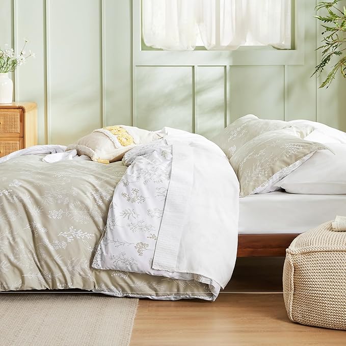 Bedsure King Comforter Set - Linen Bed Set, 3 Pieces Cute Floral Bedding, 1 Soft Reversible Botanical Flowers Comforter and 2 Pillow Shams