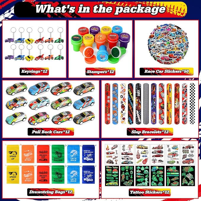 122 PCS Race Car Party Favors, Racing Birthday Party Favors with Pull Back Cars Drawstring Bags Slap Bracelet Keychain Stamper Tattoo Stickers, Racecar Theme Party Supplies Goodie Bag for Boys Kids