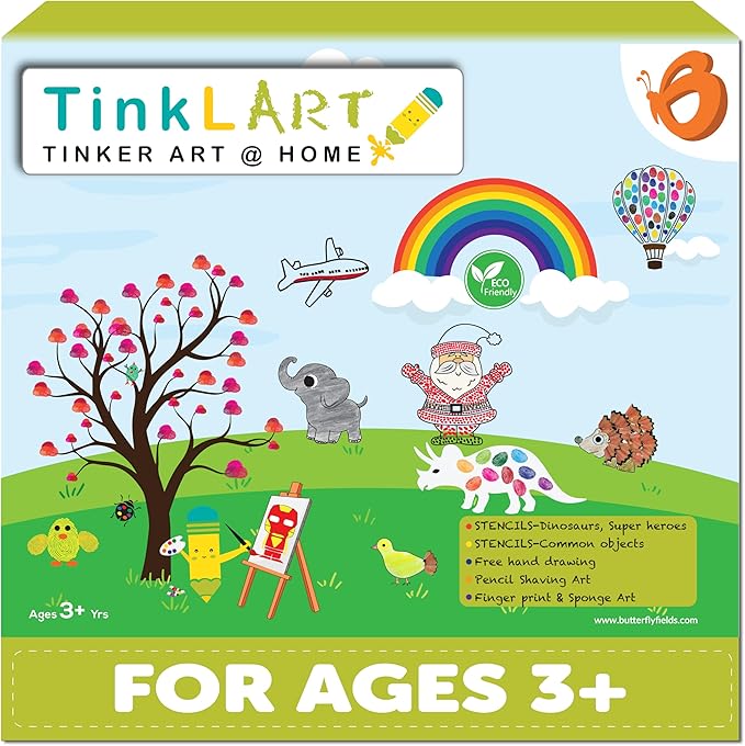 ButterflyEdufields 6in1 Stencils for Kids Drawing – 60pcs Art Supplies kit for Girls & Boys with 50+ Free Hand Drawing Challenges, Dinosaur Super Heroes Stencils, Finger Painting, Sponge Art