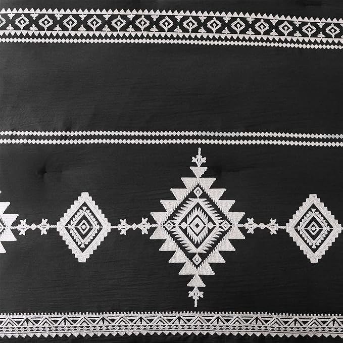 MaiRêve Embroidery Comforter Set, Boho Farmhouse Western Bedding Set, All Season Bed in A Bag Comforter Set with Sheets, Pillowcases & Shams, Black Full 7 Pieces