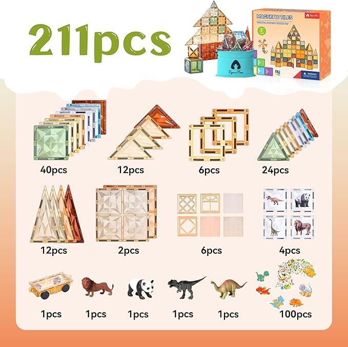 VigorFun Magnetic Tiles Set, Magnet Tiles Building Blocks with Car Animal Models and Stickers, Construction Educational STEM Sensory Toys Gifts for 3 4 5 6 7 8 + Year Old Kids Toddlers Boys Girls