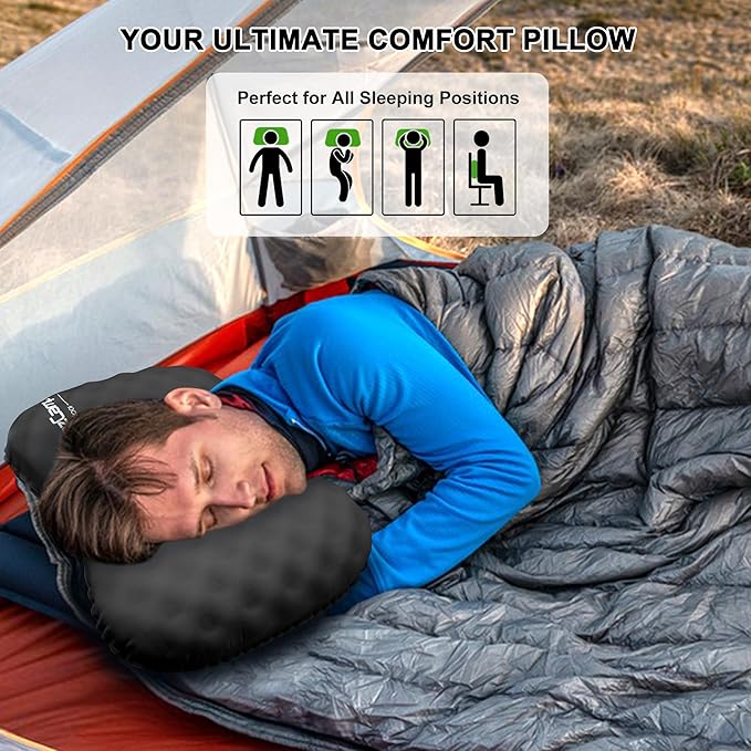 BreezCamp Camping Pillow with Soft Cover, Lightweight Inflatable Pillow for Neck Lumbar Support,Upgrade Backpacking Pillow,Washable Travel Air Pillows for Hiking, Backpacking, Airplane, Beach, Black