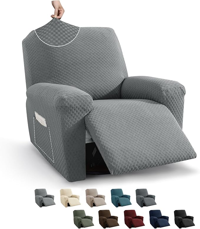 MAXIJIN Recliner Cover Slipcovers for Living Room 4 Pieces Stretch Jacquard Recliner Chair Cover Soft Fitted Recliner Protector with Elastic Bottom for Kids, Pets (Recliner, Light Gray)