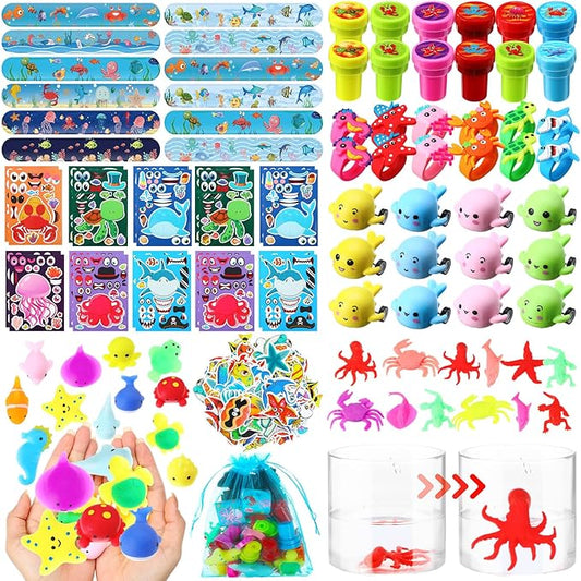 Capoda 156 Pcs Under the Sea Party Favors Ocean Themed Gifts Bulk Sea Animal Stickers Squeeze Slap Bracelet Stampers Piñata Stuffers for School Classroom Prizes Birthday Goodie Bag Fillers