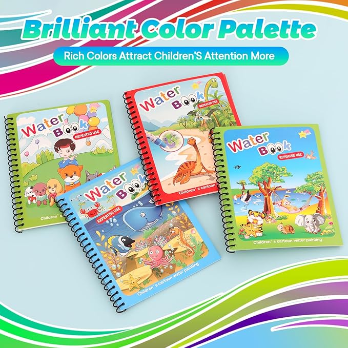 4 Pack Reusable Water Coloring Books for Toddlers, Paint with Water Books,Mess-Free Coloring Book, Portable Educational Doodle Drawing Toy, Improving Children's Imagination, Color Perception