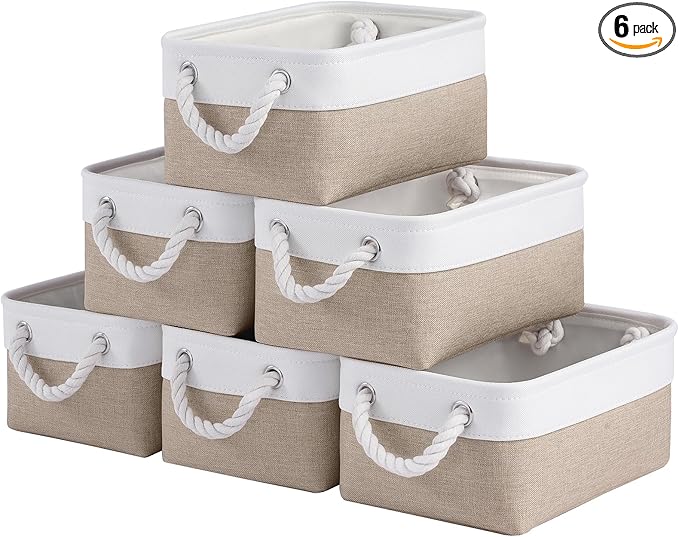 VQRTEXA Storage Baskets for Shelves 11.8x7.9x5.2 Inch, Foldable Fabric Storage Bins with Handles, Small Storage Baskets for Organizing Closet, Bathroom, Office, Home Organization (6-Pack, White&Khaki)
