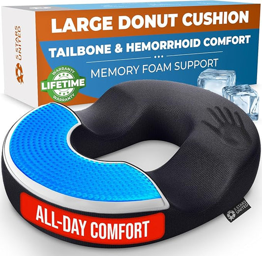 5 STARS UNITED Donut Pillow Hemorrhoid Tailbone Cushion – Large Chair Pad for Pain Relief – Coccyx, Prostate, Sciatica, Pelvic Floor, Pressure Sores, Pregnancy, Postpartum Recovery, Arctic Black