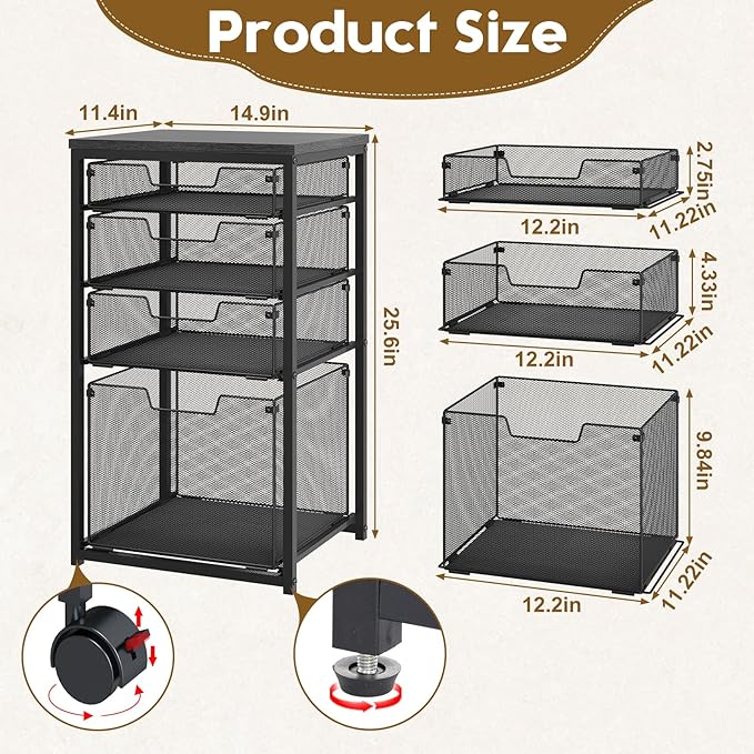 Rolling File Cart with 4 Storage Drawers, Filing Cabinet for Home Office, Hanging File Folder Organizer with Wheels Under Desk, Utility Craft Cart Printer Stand, Black, Patent Pending