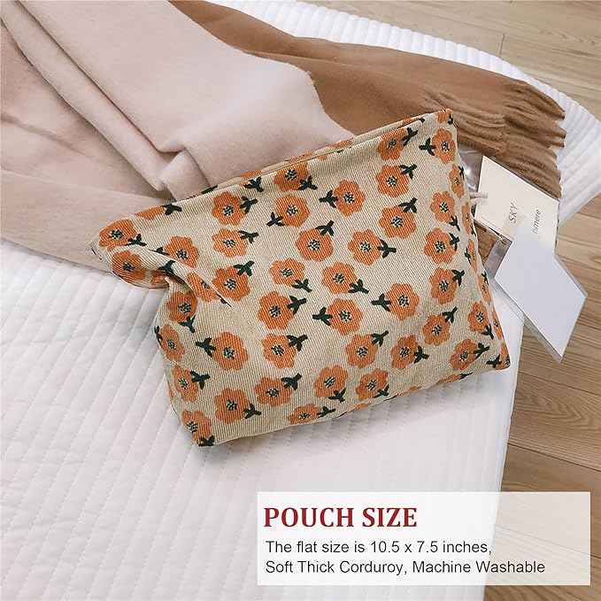 HAPPYHEIDI Women Floral Corduroy Canvas Makeup Bag Travel Cosmetic Pouch Purse Organizer, Cute Beige