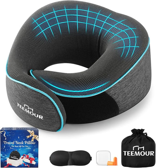 Travel Neck Pillow for Airplane -360° Support, Stocking Stuffers, Memory Foam Travel Pillows for Airplanes With Eye Mask & Earplugs, Portable Carry Bag for Long Flights/Car| Airplane Accessories