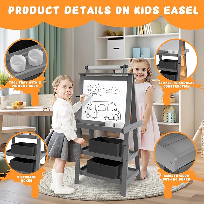 Elevon Art Easel for Kids, Wooden Kids Easel 3 in 1 Adjustable Double Sided, Whiteboard, Chalkboard & Paper Roll, 2-Tier Rack w/ 2 Storage Boxes, Standing Easel for for Painting & Drawing