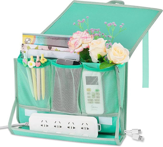 Bedside Caddy Bedside Storage Organizer Bedside Organizer with Power Strip Holder and 2 Adjustable Straps for Home Bunk Bed College Dorm Sofa (Green)