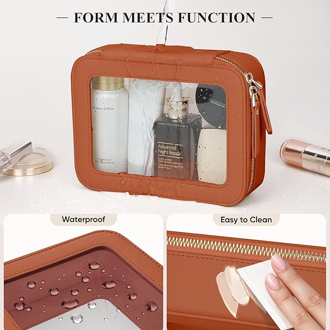 MSTONAL Clear Makeup Bag, Travel Toiletry Bag Cosmetic Case for Women, Waterproof Portable Make Up Skincare Pouch with Zipper, Compact Car Organizer Bag for Essentials, Medium Size, Brown