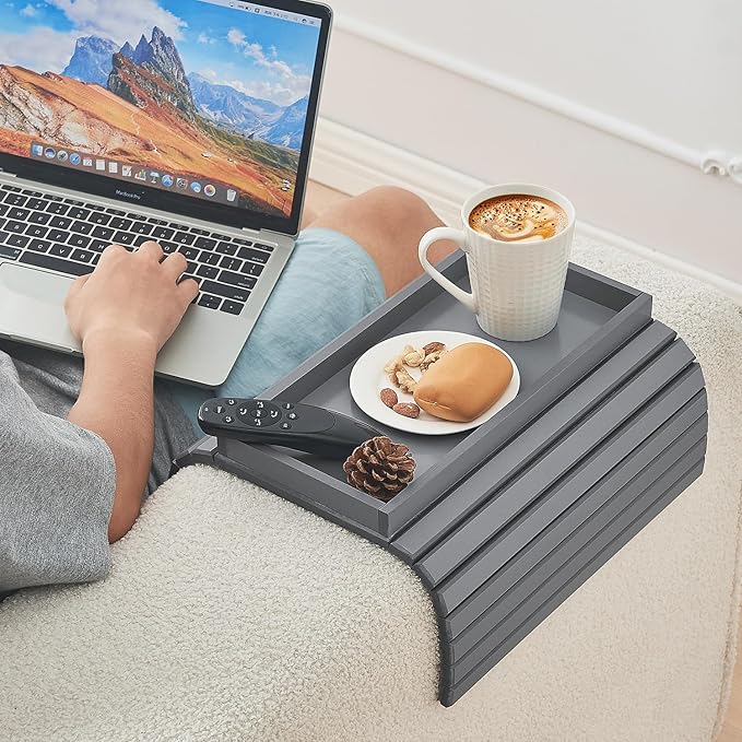 Bamboo Sofa Arm Tray, Anti Falling Couch Arm Tray Table, Foldable Couch Armrest Table, Portable Sofa Armrest Trays Cup Holder for Drink, Cups, Phone, Snacks, Remote