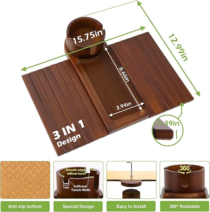 Couch Cup Holder,Bamboo Couch Arm Tray with 360° Rotating Cup Holder,Foldable Anti-Slip Sofa Arm Chair Tray for Eating Snack Drink Side Table