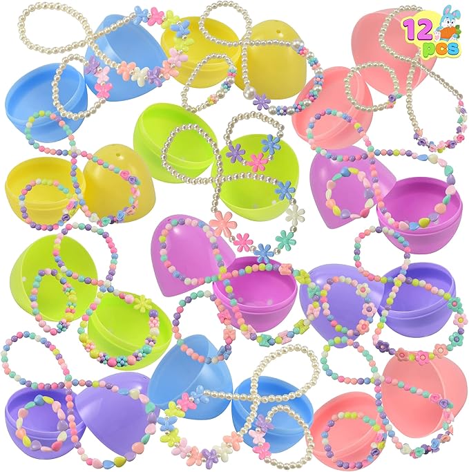 JOYIN 12 Pack Prefilled Easter Eggs with Jewelry Toys, Different Designs of Necklaces and Bracelets Girls Jewelry Set for Kids Easter Party Favor, Basket Stuffer, Classroom Exchange and Prize Supplies