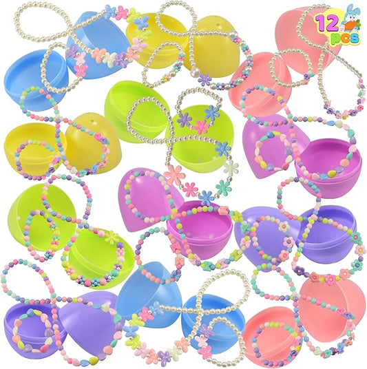 JOYIN 12 Pack Prefilled Easter Eggs with Jewelry Toys, Different Designs of Necklaces and Bracelets Girls Jewelry Set for Kids Easter Party Favor, Basket Stuffer, Classroom Exchange and Prize Supplies