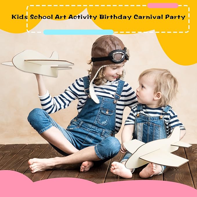 24 Pack Unfinished Wooden Airplane Model Toys DIY Model Planes Wood Plane kit Handcraft Plane to Paint for Kids School Art Activity Birthday Carnival Party (Color Style 1)