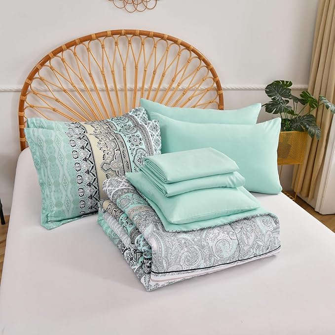 Cottolester Boho Comforter Set Queen Size,8 Piece Bed in a Bag Sage Green Paisley Comforter and Sheet Set,Striped Bedding Set Soft Microfiber Complete Bedding Set