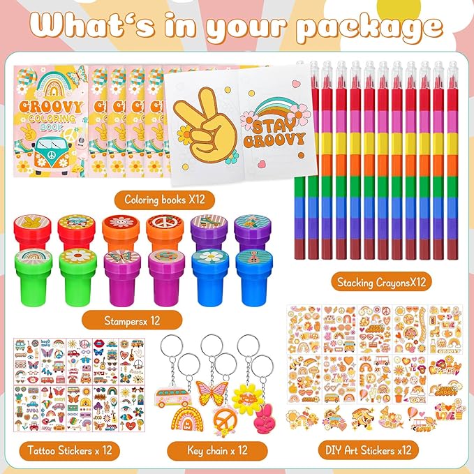 72 Pcs Groovy Coloring Book with Crayons Bulk,Retro Hippie Daisy Flower Party Favors Goodie Bags Fillers,Rainbow Boho Birthday Party Supplies Face Stickers Tattoo Prizes Gift for Groovy Party
