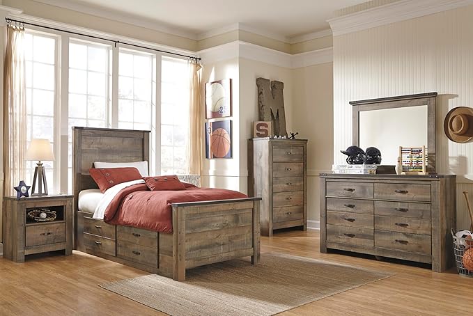 Signature Design by Ashley Trinell Rustic 5 Drawer Chest of Drawers with Nailhead Trim, Warm Brown