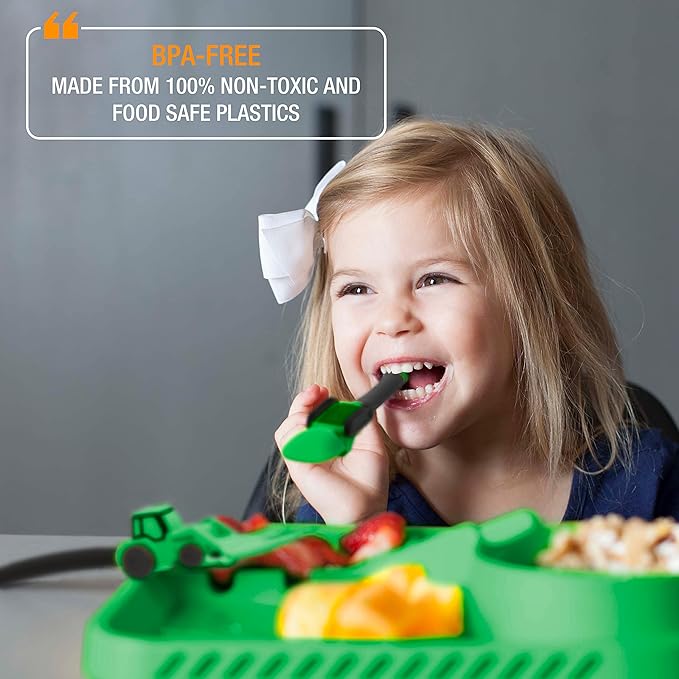 Dinneractive Utensil Set for Kids – Construction Themed Toddler Forks and Spoons, Toddler Utensils – 2-Piece Set – Green Construction Utensils for Toddlers - Loader & Tractor Toddler Spoons and Forks