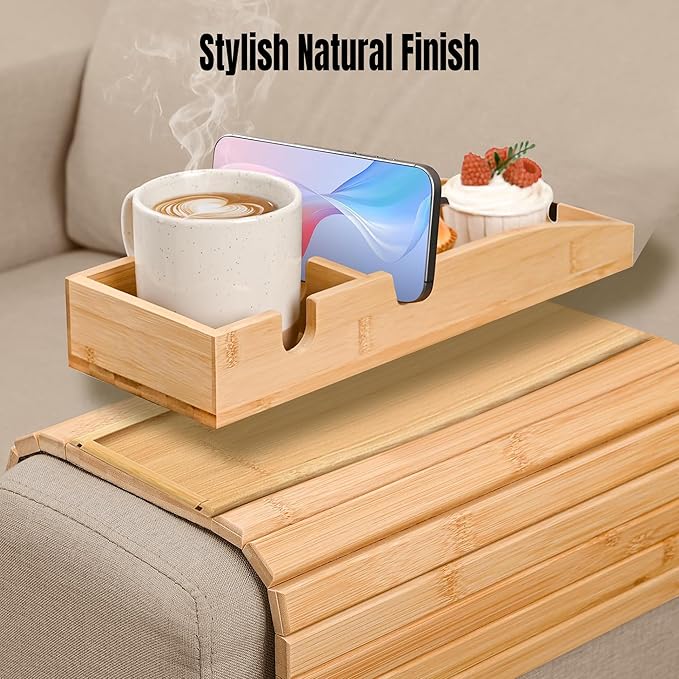 Adjustable Bamboo Couch Cup Holder (Fits 4.5” to 14” Arms) - Foldable Non-Slip Bamboo Sofa Armrest Tray - Detachable Sofa Arm Tray Couch Caddy with Cup Holder for Drinks, Phone, Remote, Snacks